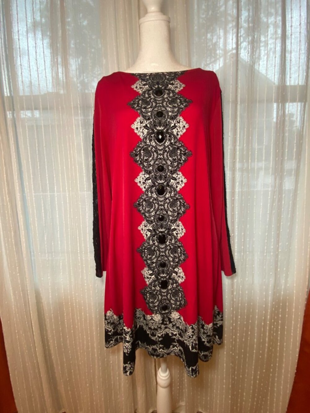 Style & Co Red Black Lace Embellished Tunic Dress XL